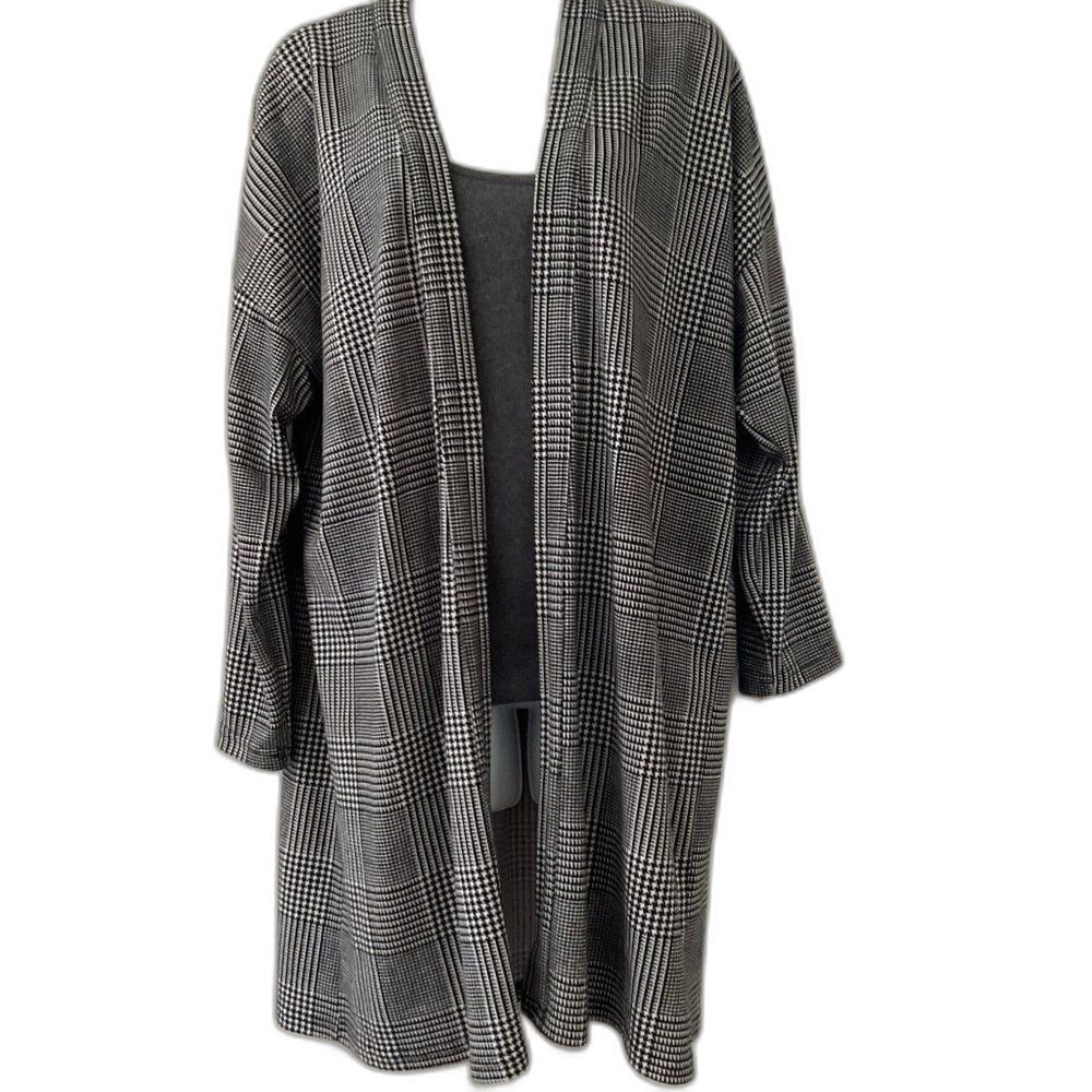 NEW Plaid Duster Cardigan Sweater Size Medium Open Front Gray Black Kontrol